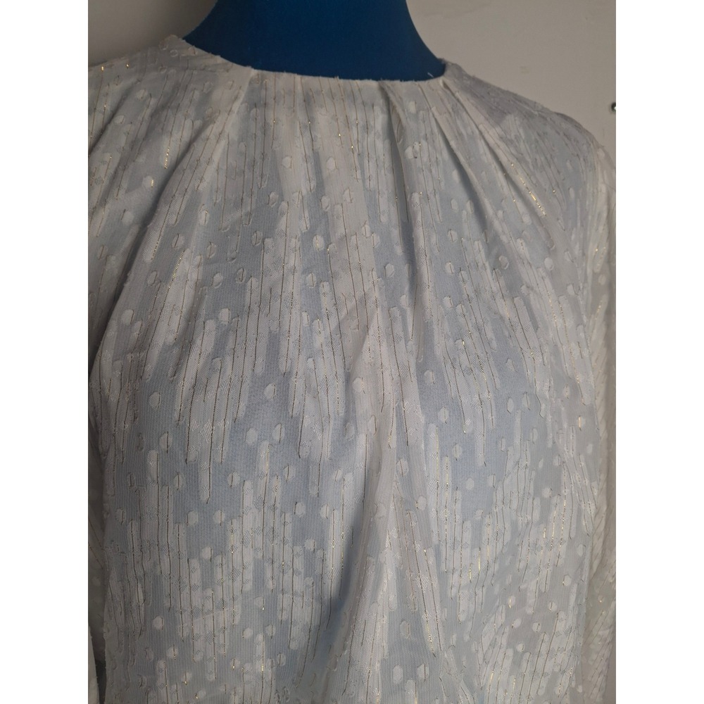 Sandro Paris White Gold Metallic Pinstripe Clip Dot Puff Sleeve Blouse Top S - Picture 3 of 8